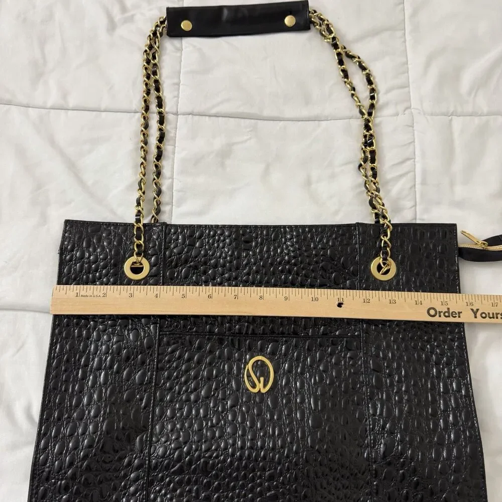 St. John Tote Bag Large Black Patent Leather Embossed Gold Chain Straps - Picture 10 of 11